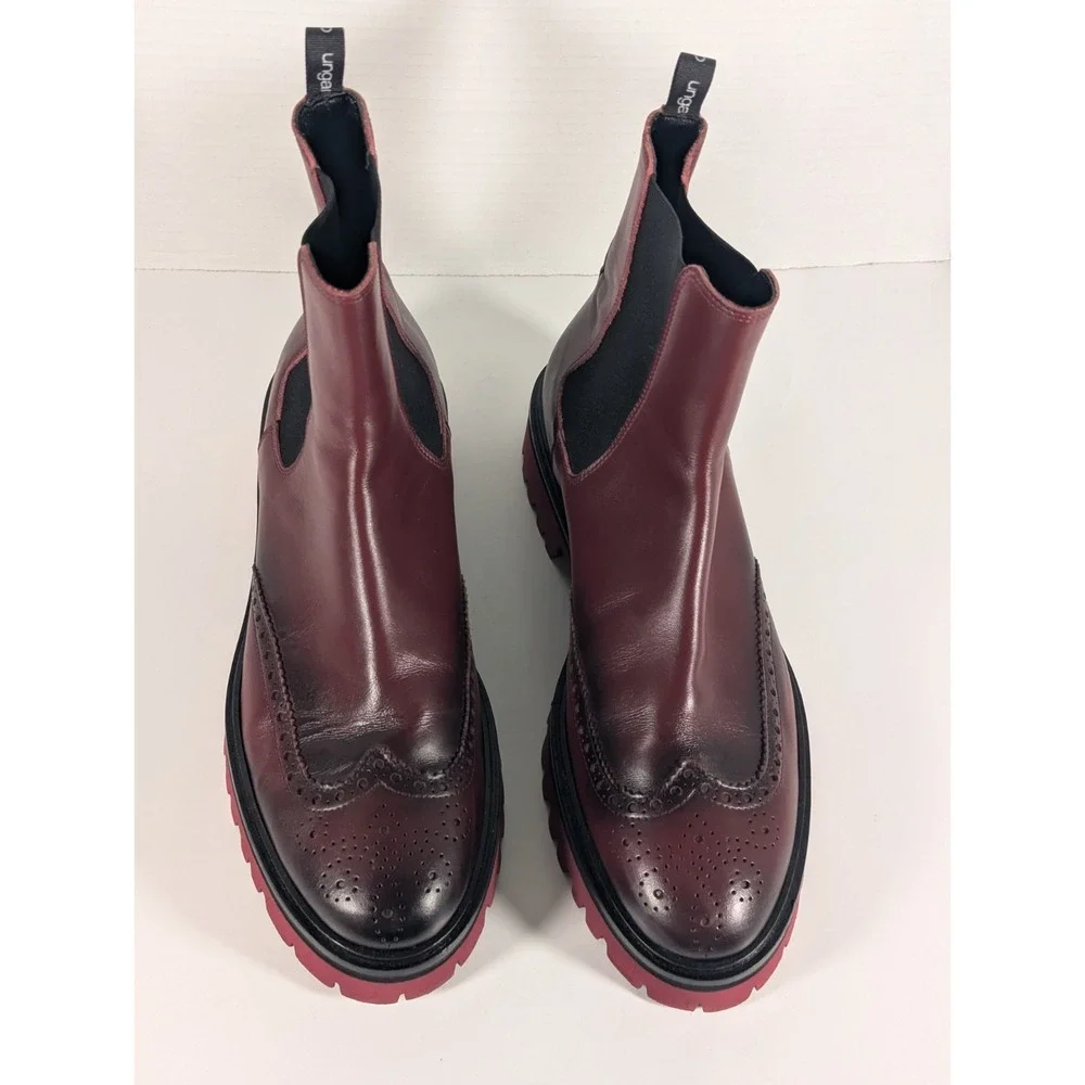 UNGARO Wingtip Leather Chelsea Lug Boots Men's Size 43.5/10.5 US Bordeaux Color